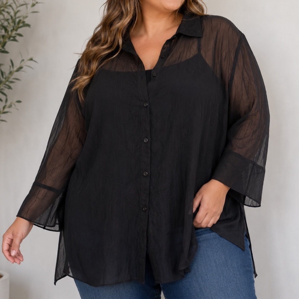 Kathie Lee Woman Sheer Button Front Tunic Blouse Women's 18/20W Black Plus Size